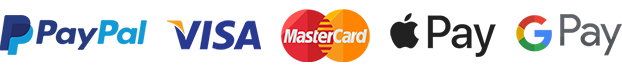 PayPal, Visa, Mastercard, Apple Pay, Google Pay